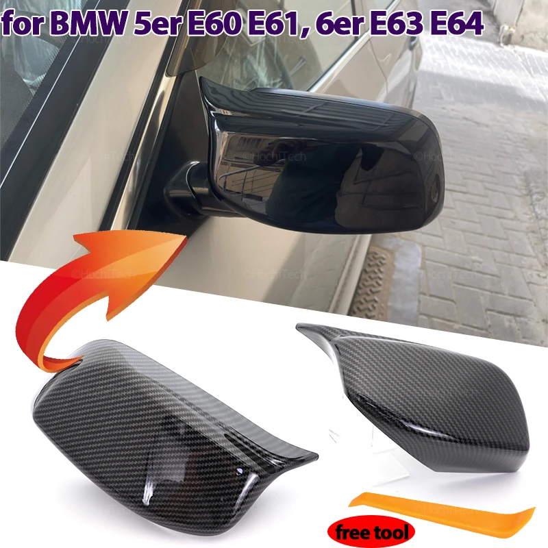 2 елемента от Въглеродни влакна Изглежда Черна Подмяна на капаци на страничните огледала за BMW 5 Серия E60 E61 E63 E64 2004-2008 520i 525i 528i 530i 528xi Изображение 0