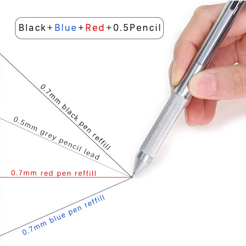 4 В 1 Многоцветен химикалка писалка с гравитационным сензор, 3 цвята, с дръжка и механичен грифель за моливи, черен, сребрист, червен, син, метална дръжка, канцеларски материали Изображение 2