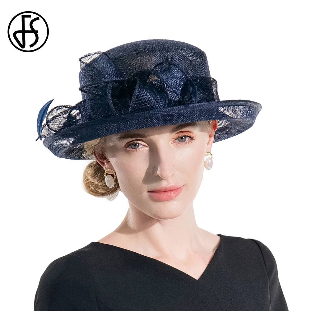 FS 2023, слънчеви шапки за жени, тъмно синя шапка-дерби от пера, дамски сватбена шапка, елегантни филц шапки в ретро стил, женски Изображение 0