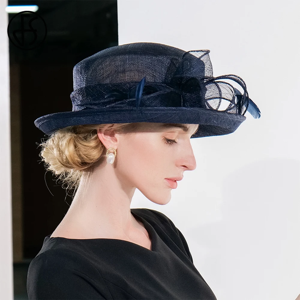 FS 2023, слънчеви шапки за жени, тъмно синя шапка-дерби от пера, дамски сватбена шапка, елегантни филц шапки в ретро стил, женски Изображение 1