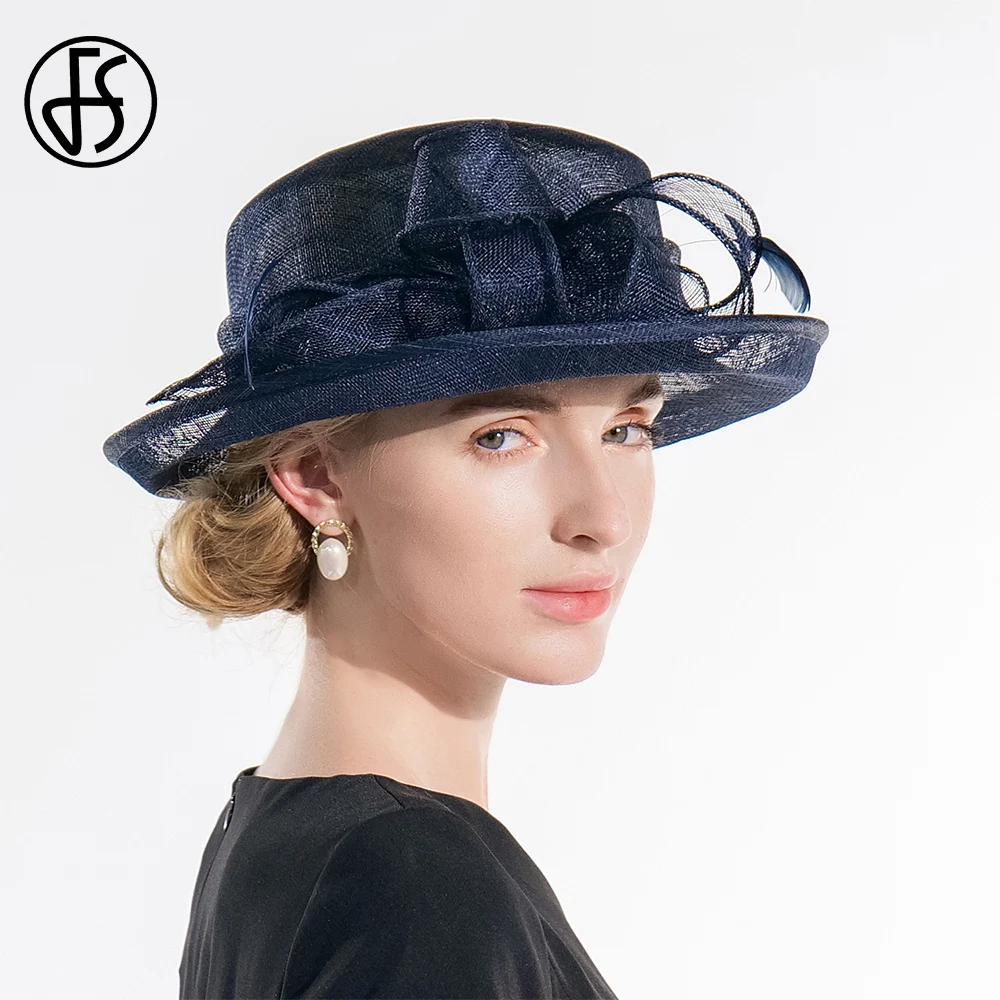 FS 2023, слънчеви шапки за жени, тъмно синя шапка-дерби от пера, дамски сватбена шапка, елегантни филц шапки в ретро стил, женски Изображение 2