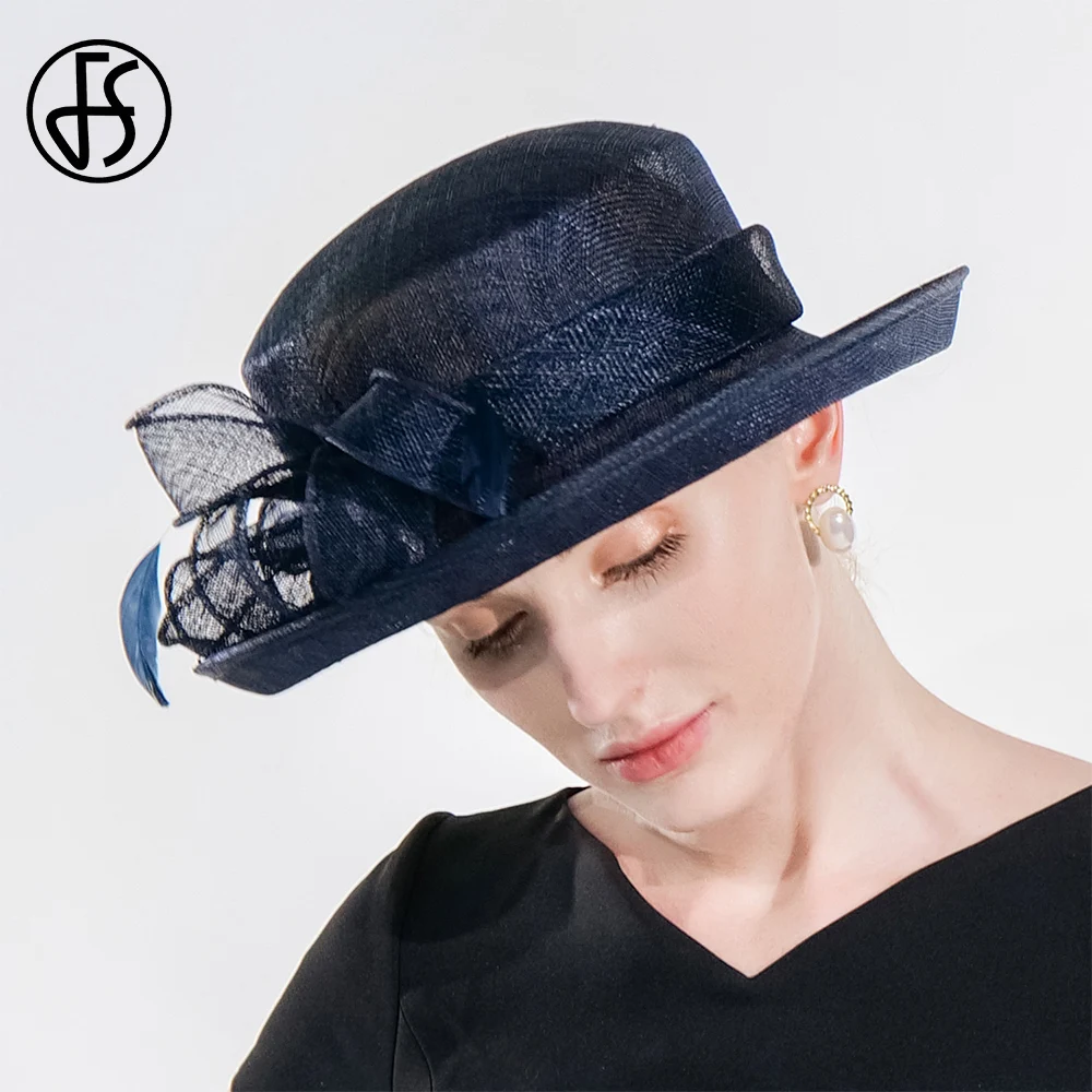 FS 2023, слънчеви шапки за жени, тъмно синя шапка-дерби от пера, дамски сватбена шапка, елегантни филц шапки в ретро стил, женски Изображение 3