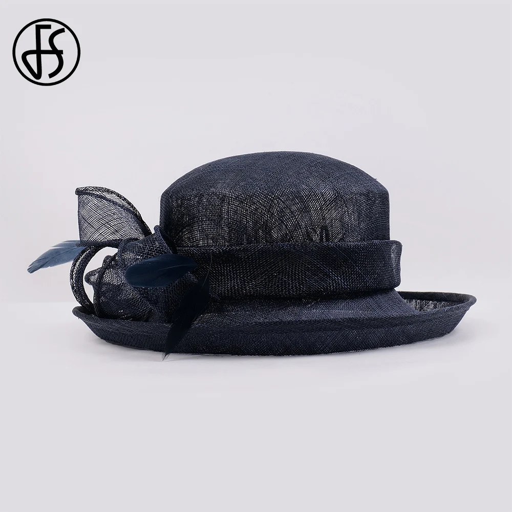 FS 2023, слънчеви шапки за жени, тъмно синя шапка-дерби от пера, дамски сватбена шапка, елегантни филц шапки в ретро стил, женски Изображение 4