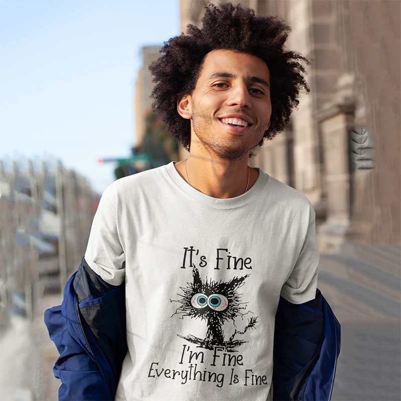 I ' m Fine Тениска Забавен Хумор Шега Ежедневни Тениска С Къси Ръкави За Любителите на Котки 100% Памук Европейски Размер Върховете Тениска Изображение 3