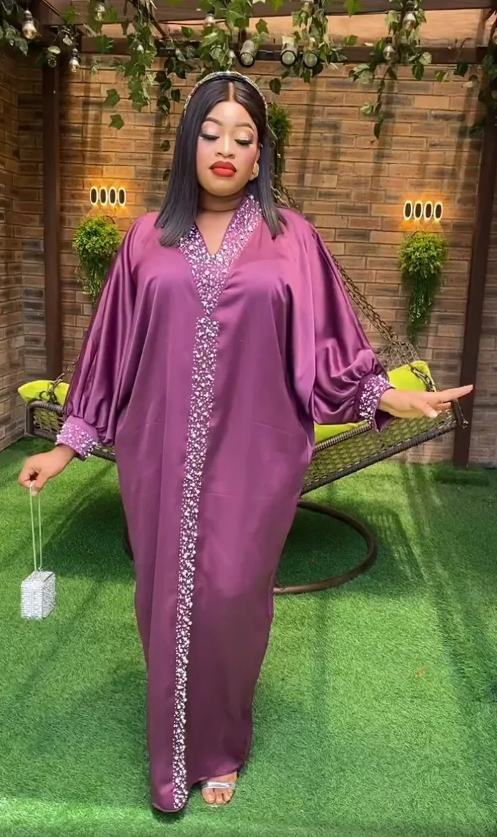 Африкански рокли за жени, летни елегантни африкански дълги ръкави, с V-образно деколте, бяло лилава и зелена дълга рокля от полиестер, мюсюлманска Абая Изображение 1