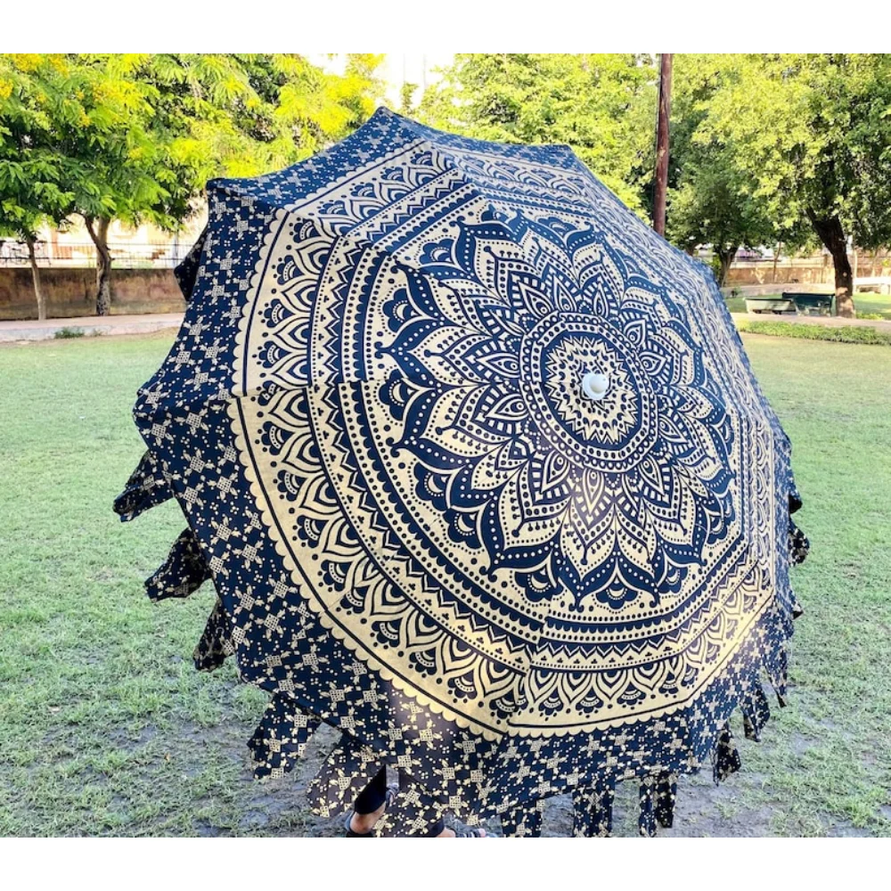 Голям чадър с индийски златен преговарящите с принтом, Индийски памук градински чадър ръчно изработени, Чадър от слънцето, Чадър за двор за домашен декор Изображение 2