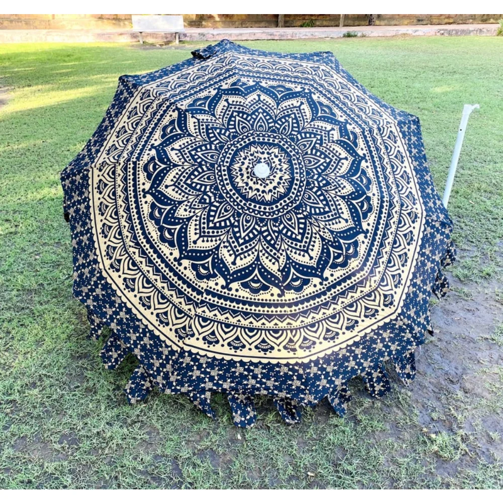 Голям чадър с индийски златен преговарящите с принтом, Индийски памук градински чадър ръчно изработени, Чадър от слънцето, Чадър за двор за домашен декор Изображение 3
