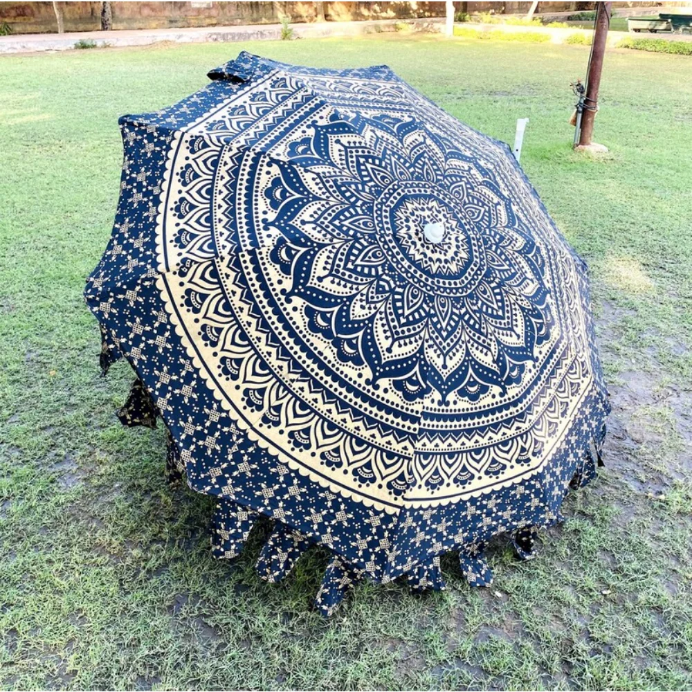 Голям чадър с индийски златен преговарящите с принтом, Индийски памук градински чадър ръчно изработени, Чадър от слънцето, Чадър за двор за домашен декор Изображение 4