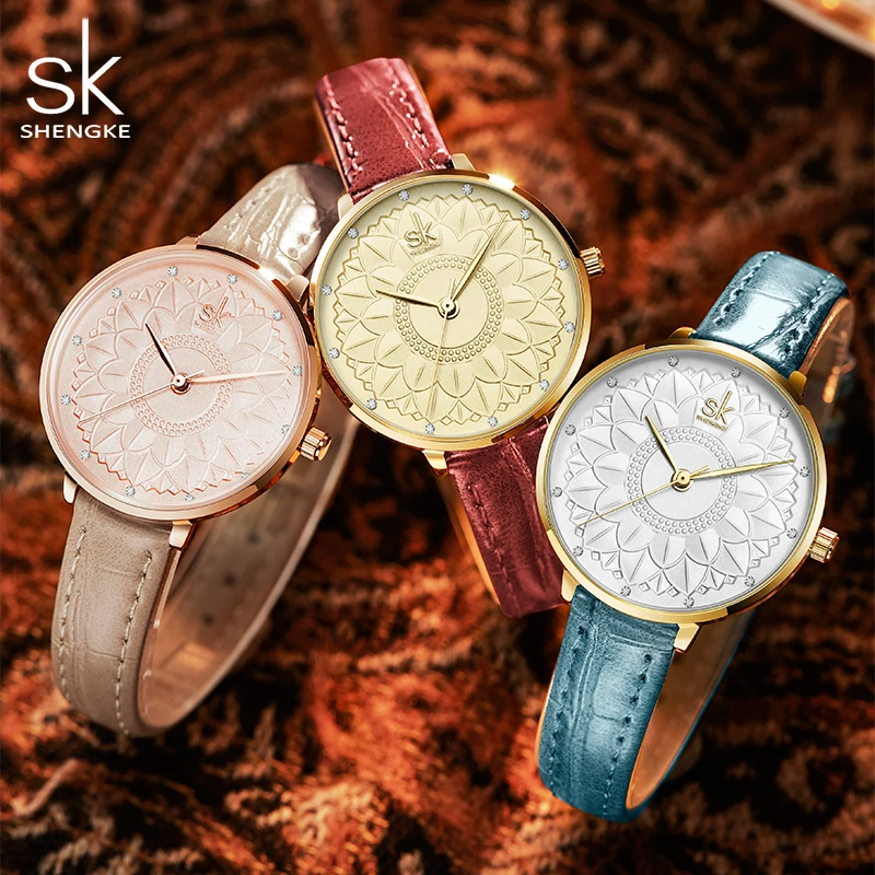 Дамски часовници Shengke Случайни цветен циферблат японски кварцов механизъм Елегантни, леки кожени часовници за жени Reloj Mujer от кожа Изображение 4