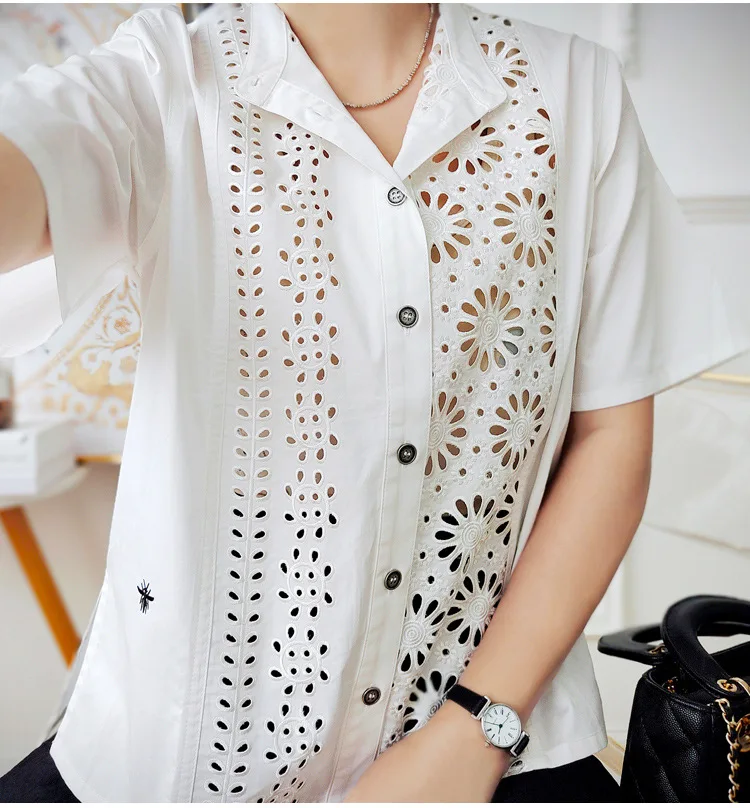 Женска бродирана однобортная бяла риза с къс ръкав, поплиновый топ, открита новост лятото 2023 Изображение 1