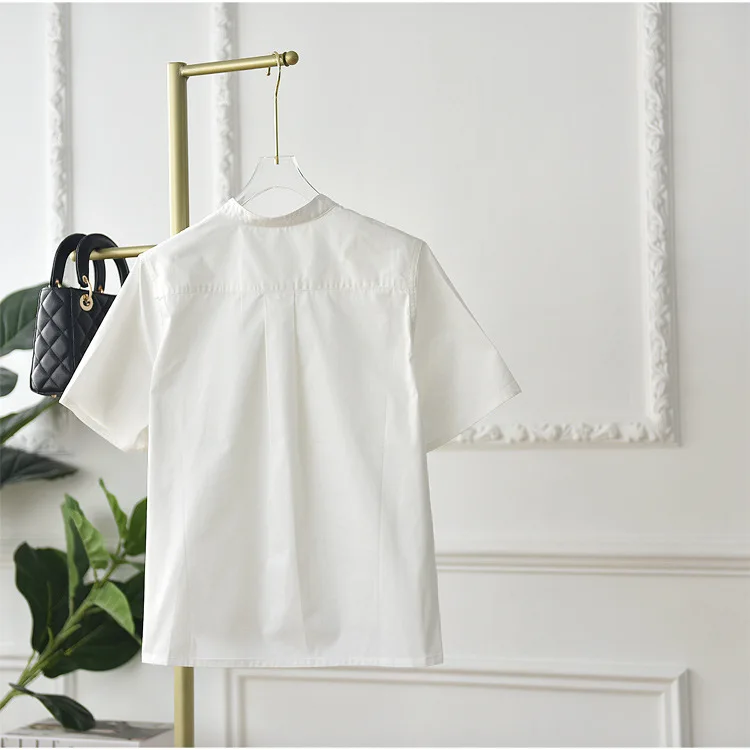 Женска бродирана однобортная бяла риза с къс ръкав, поплиновый топ, открита новост лятото 2023 Изображение 3