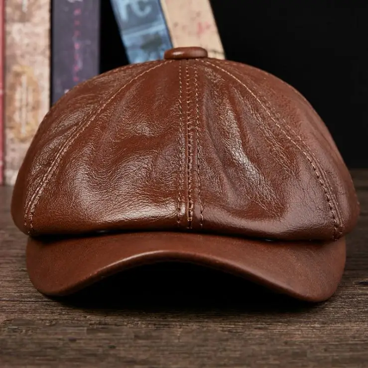 Мъжка шапка от естествена кожа, шапки за газетчиков Gorras Mujer, дизайнерски шапка, шапки за газетчиков, дамска кожена шапка за възрастни Изображение 5
