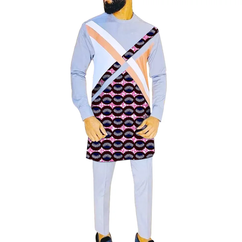 Нигерийски модерен светло сив памук мъжки комплект дрехи X-TYPE, ризи в стил мозайка + обикновена панталони, ушити по поръчка костюми за младоженец Изображение 0