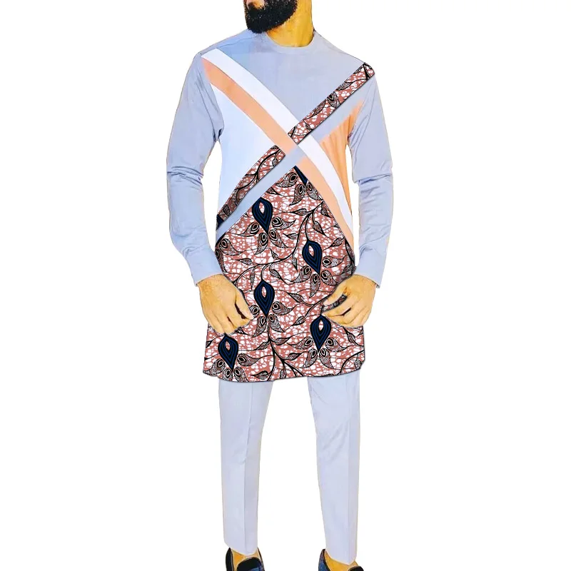 Нигерийски модерен светло сив памук мъжки комплект дрехи X-TYPE, ризи в стил мозайка + обикновена панталони, ушити по поръчка костюми за младоженец Изображение 1