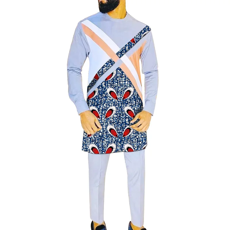 Нигерийски модерен светло сив памук мъжки комплект дрехи X-TYPE, ризи в стил мозайка + обикновена панталони, ушити по поръчка костюми за младоженец Изображение 2