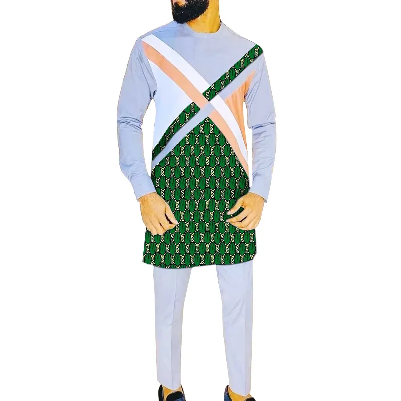 Нигерийски модерен светло сив памук мъжки комплект дрехи X-TYPE, ризи в стил мозайка + обикновена панталони, ушити по поръчка костюми за младоженец Изображение 3