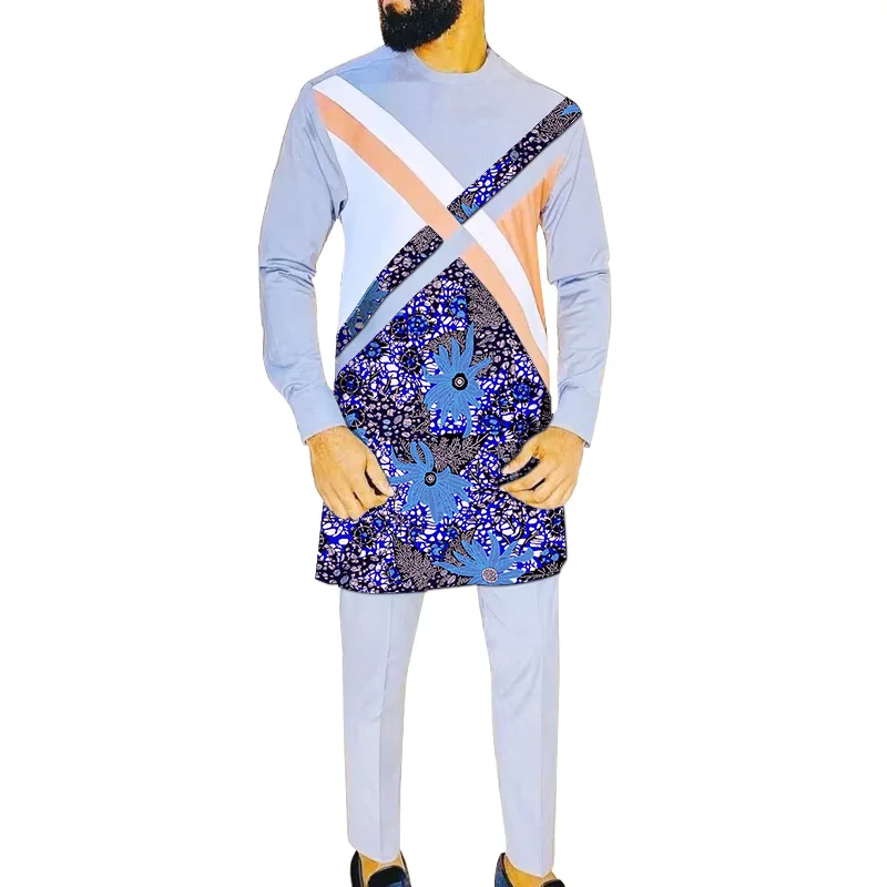 Нигерийски модерен светло сив памук мъжки комплект дрехи X-TYPE, ризи в стил мозайка + обикновена панталони, ушити по поръчка костюми за младоженец Изображение 4