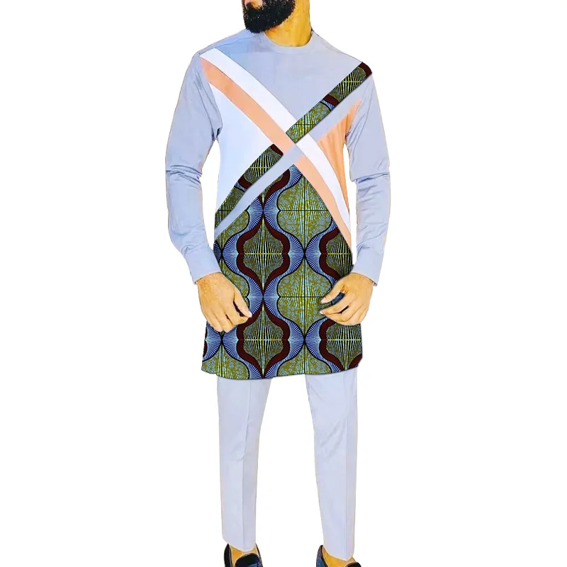 Нигерийски модерен светло сив памук мъжки комплект дрехи X-TYPE, ризи в стил мозайка + обикновена панталони, ушити по поръчка костюми за младоженец Изображение 5