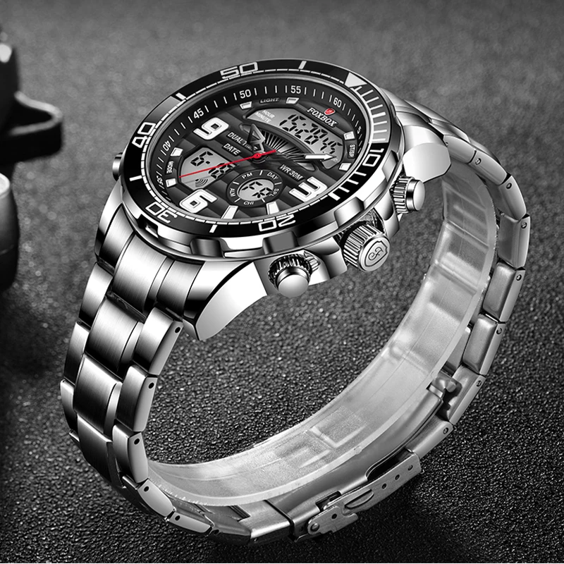 Нов модерен мъжки часовник FOXBOX, луксозни мъжки спортни часовници е от неръждаема стомана, военни часовници с двоен дисплей водоустойчив часовник с дата Изображение 0