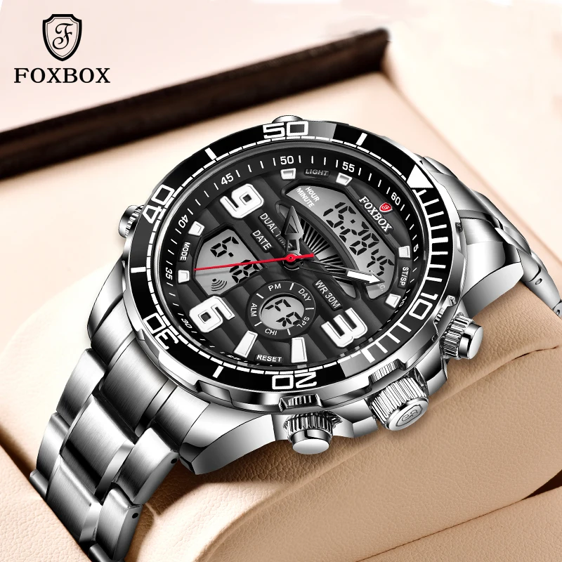 Нов модерен мъжки часовник FOXBOX, луксозни мъжки спортни часовници е от неръждаема стомана, военни часовници с двоен дисплей водоустойчив часовник с дата Изображение 1