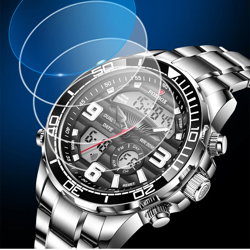 Нов модерен мъжки часовник FOXBOX, луксозни мъжки спортни часовници е от неръждаема стомана, военни часовници с двоен дисплей водоустойчив часовник с дата Изображение 2