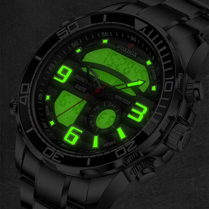 Нов модерен мъжки часовник FOXBOX, луксозни мъжки спортни часовници е от неръждаема стомана, военни часовници с двоен дисплей водоустойчив часовник с дата Изображение 3