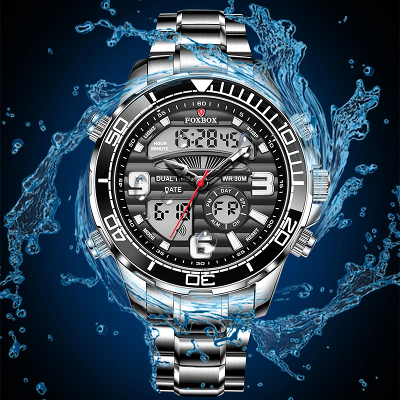 Нов модерен мъжки часовник FOXBOX, луксозни мъжки спортни часовници е от неръждаема стомана, военни часовници с двоен дисплей водоустойчив часовник с дата Изображение 4