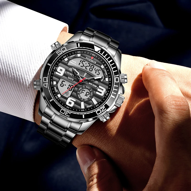 Нов модерен мъжки часовник FOXBOX, луксозни мъжки спортни часовници е от неръждаема стомана, военни часовници с двоен дисплей водоустойчив часовник с дата Изображение 5