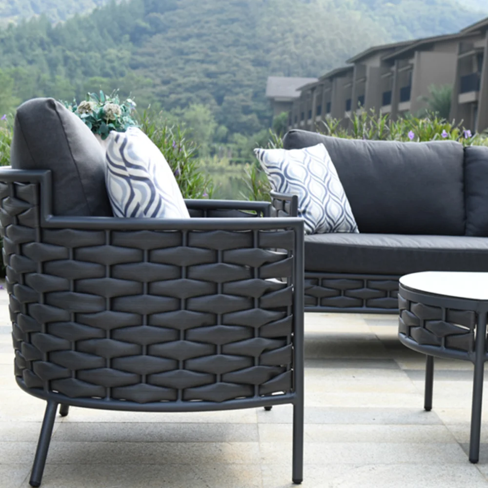 Плетени мебели от ратан и Модерен дизайн, уличен стол Twist, комплект от 4 теми, градински диван, висококачествена алуминиева рамка Изображение 5