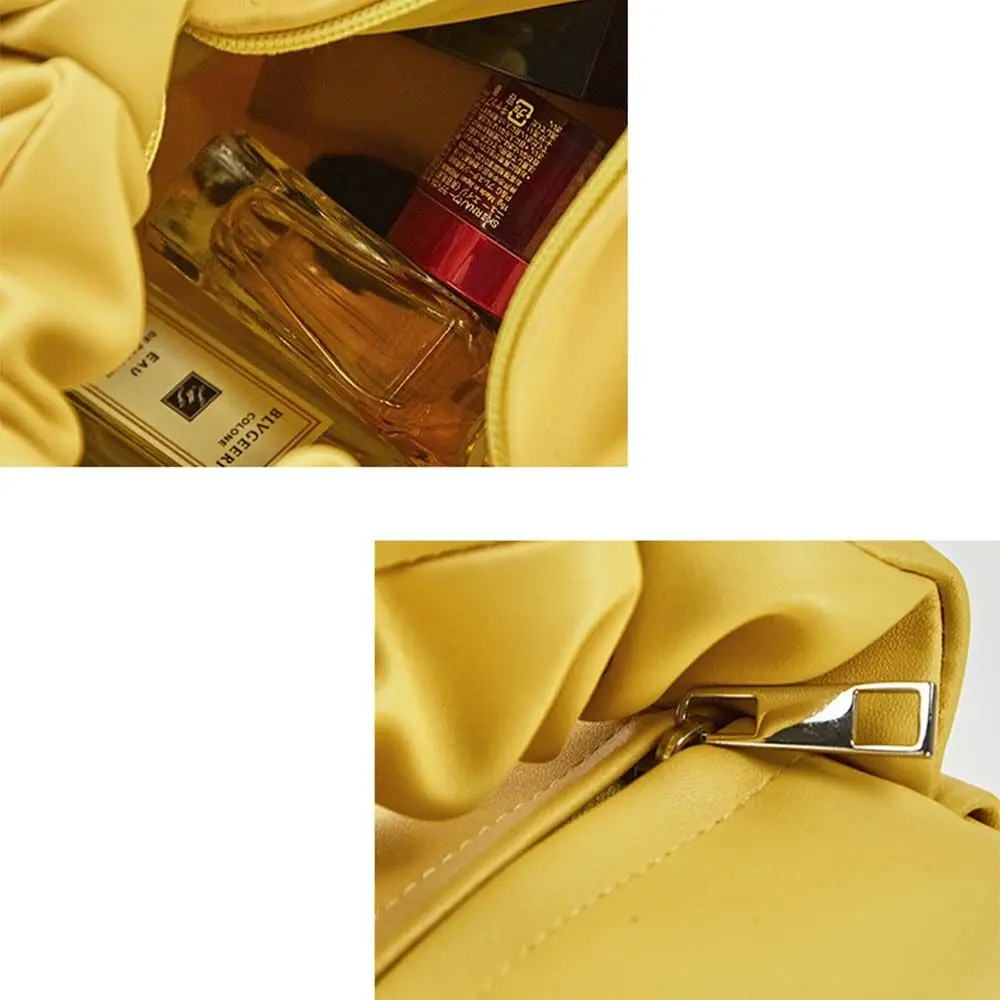 Плътен цвят, стил Ins, дамски нишевая текстура, дамски чанта от изкуствена кожа, косметичка, мътна чанта, плиссированный джоб Изображение 1