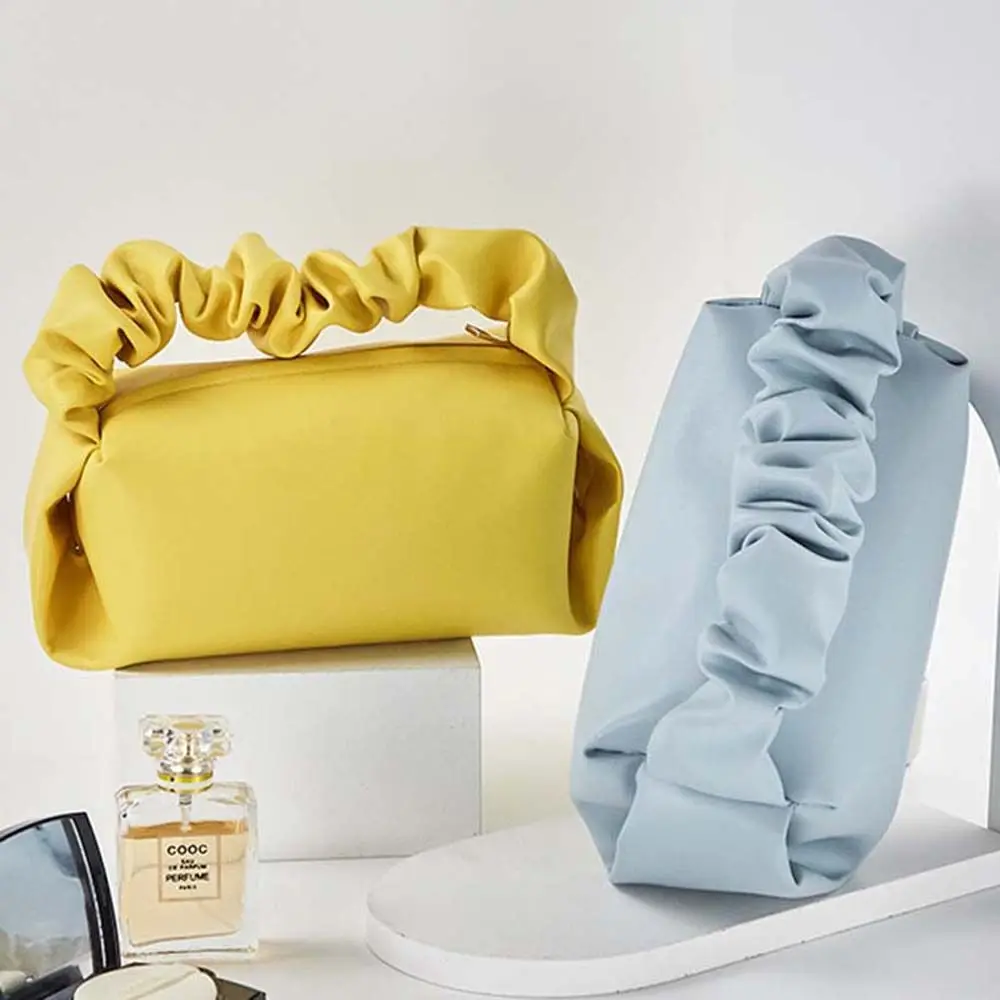 Плътен цвят, стил Ins, дамски нишевая текстура, дамски чанта от изкуствена кожа, косметичка, мътна чанта, плиссированный джоб Изображение 2