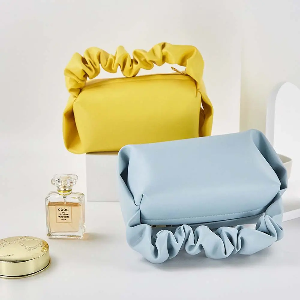 Плътен цвят, стил Ins, дамски нишевая текстура, дамски чанта от изкуствена кожа, косметичка, мътна чанта, плиссированный джоб Изображение 4