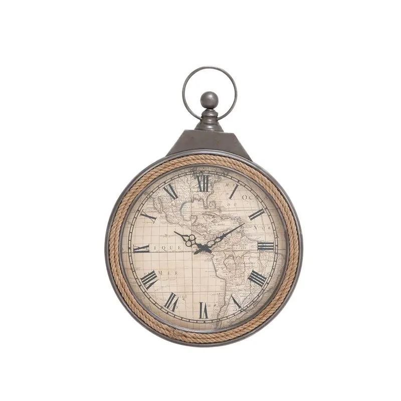 Стенен часовник в стила на джобен часовник от кафяв метал с веревочным акцент Изображение 1