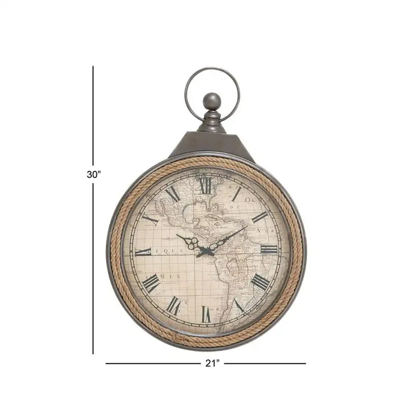 Стенен часовник в стила на джобен часовник от кафяв метал с веревочным акцент Изображение 2